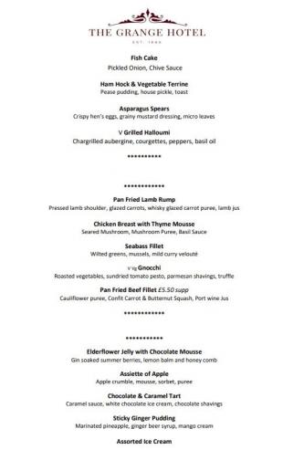 The Grange Hotel Dinner Menu